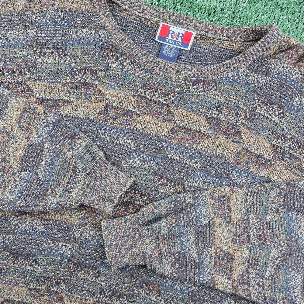 R&R Jean Co Mens XL Textured Knit Sweater Earth Tone 3D Geometric Vintage Turkey